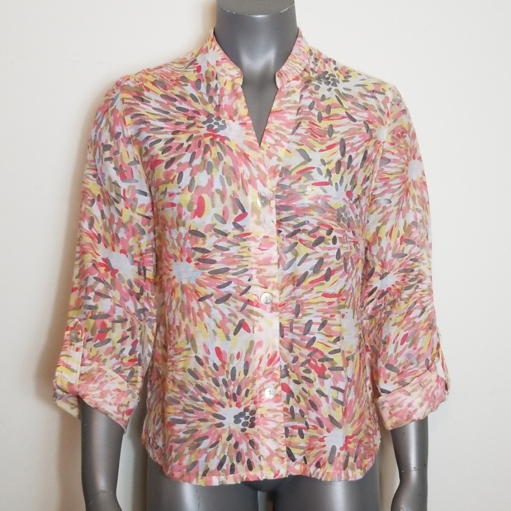 Ruby Rd Semi Sheer Button V Neck Blouse - Picture 2 of 9